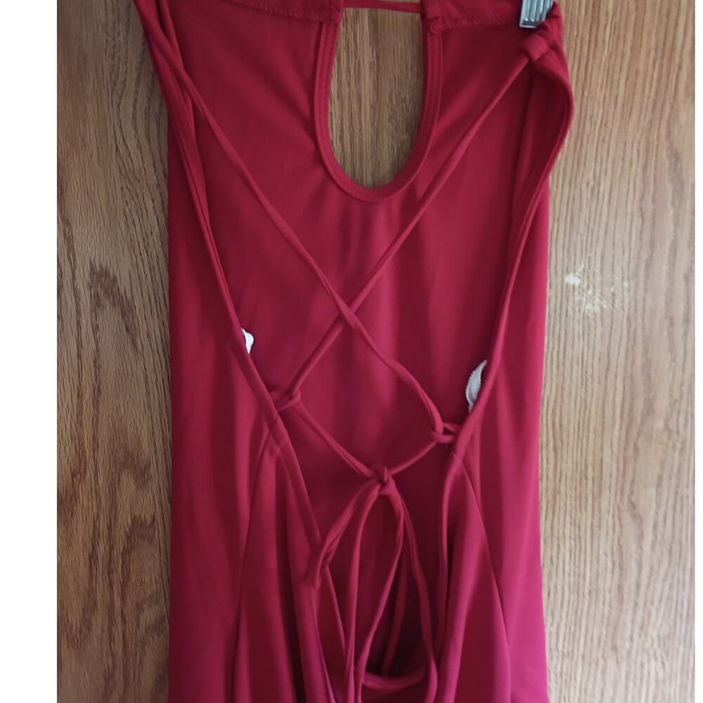 Vintage Y2K Red Keyhole Halter Dress Small Open Back Beaded Handkerchief Hem - Picture 4 of 13